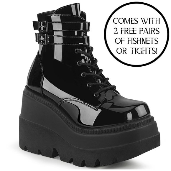 Demonia Shoes - Demonia Shaker-52 Black Patent Rave Booties
